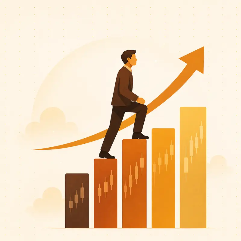Learner progressing across market bars toward a rising arrow